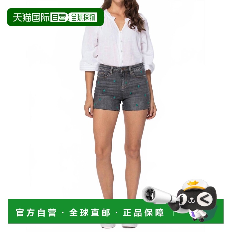 自营judy blue灰色仙人掌刺绣牛仔短裤 美国奥莱直发