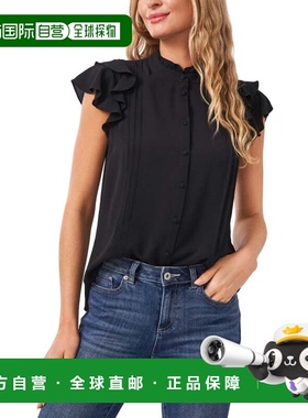 自营Women's CeCe Top Black Pintuck Button Front V-Neck Flutt