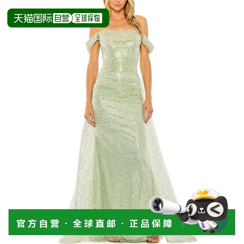 自营 Mac Duggal露肩亮片火车服-绿色 美国奥莱直发连衣裙长裙