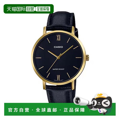 自营Casio Women’s Black Leather Strap Analog Watch with Gol