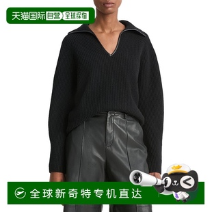 Vince Polo 自营 皮革饰边罗纹羊毛与羊绒混纺 美国奥 衫 黑色