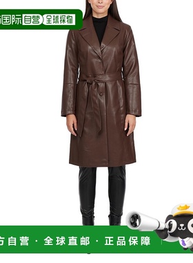 自营Ellen Tracy女式单排扣人造皮革风衣-意式浓缩咖啡 美国奥莱