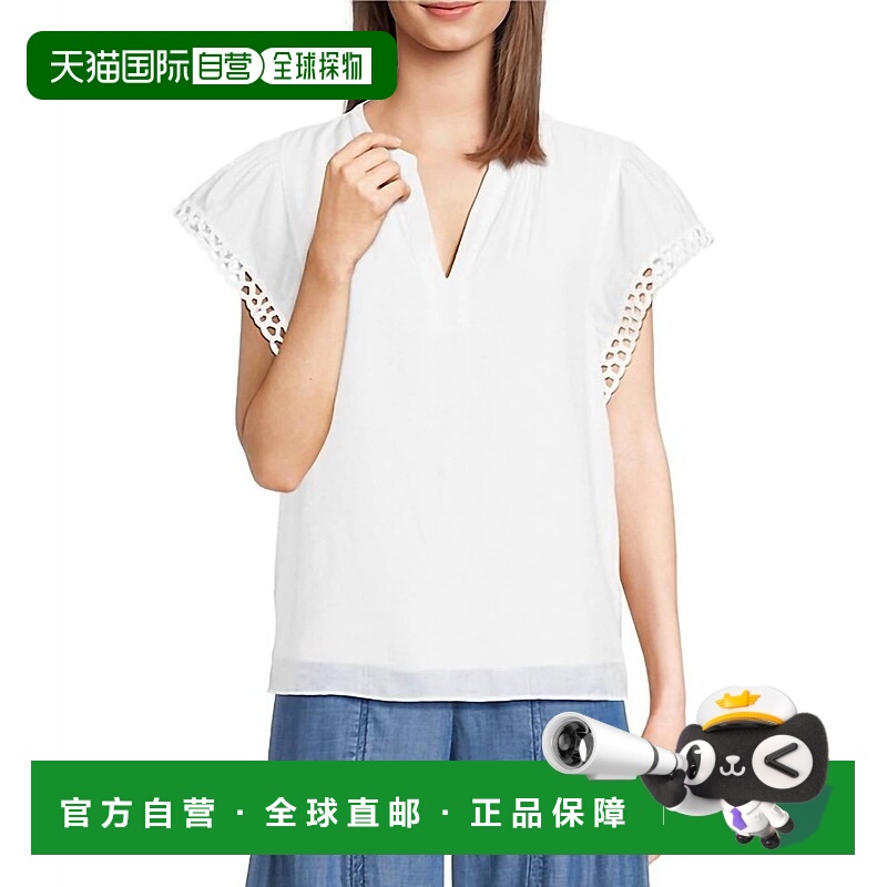 自营current airEmbroidered Split Neck Flutter Sleeve Blouse