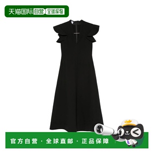 自营moschino黑色v领中长款连衣裙，搭配荷叶边袖子-黑色 美国奥