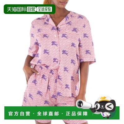 自营 Burberry Tabi马术骑士TB Monogram印花丝绸睡衣衬衫-深紫水