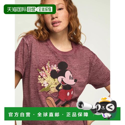 美国直邮自营lucky brand幸运品牌女米奇花男友风t恤-深红色 美