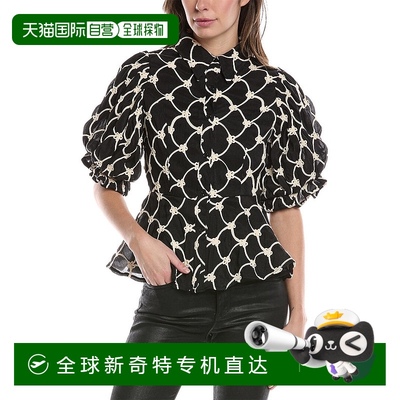 自营Gracia Embroidered Puff Sleeve Peplum Top - black 【美国