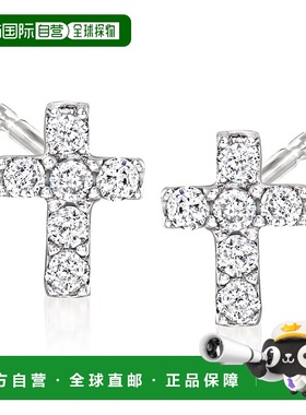 自营 Ross-Simons 14 克拉白金钻石十字架耳环 - 白色 美国奥莱直