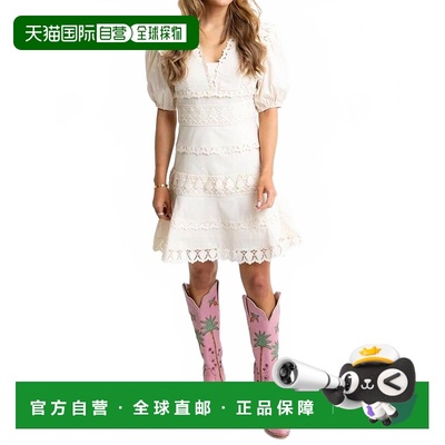 自营karlieSolid Lace Trim Puff Sleeve Dress In Ivory - ivory