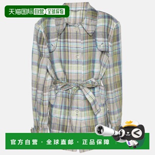 自营Basler Green Checkered Linen Long Sleeve Belted Cuff Shi