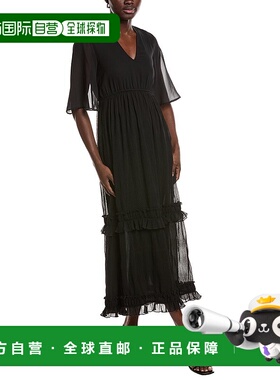 自营GANNI Pleated Georgette V-Neck Maxi Dress - black 美国奥