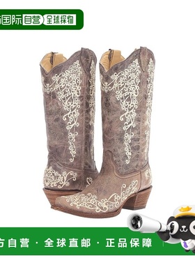 美国直邮CORRAL 女士尖头拉链靴子镂空进口真皮复古牛仔橡胶底