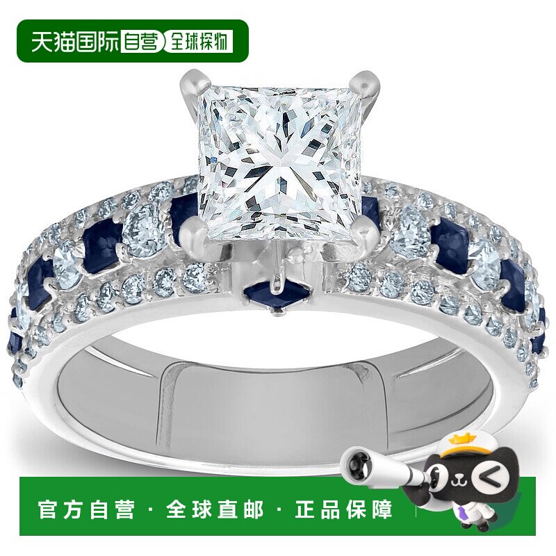自营 pompeii32 1/2 克拉公主方形切割和蓝色蓝宝石钻石订婚戒指
