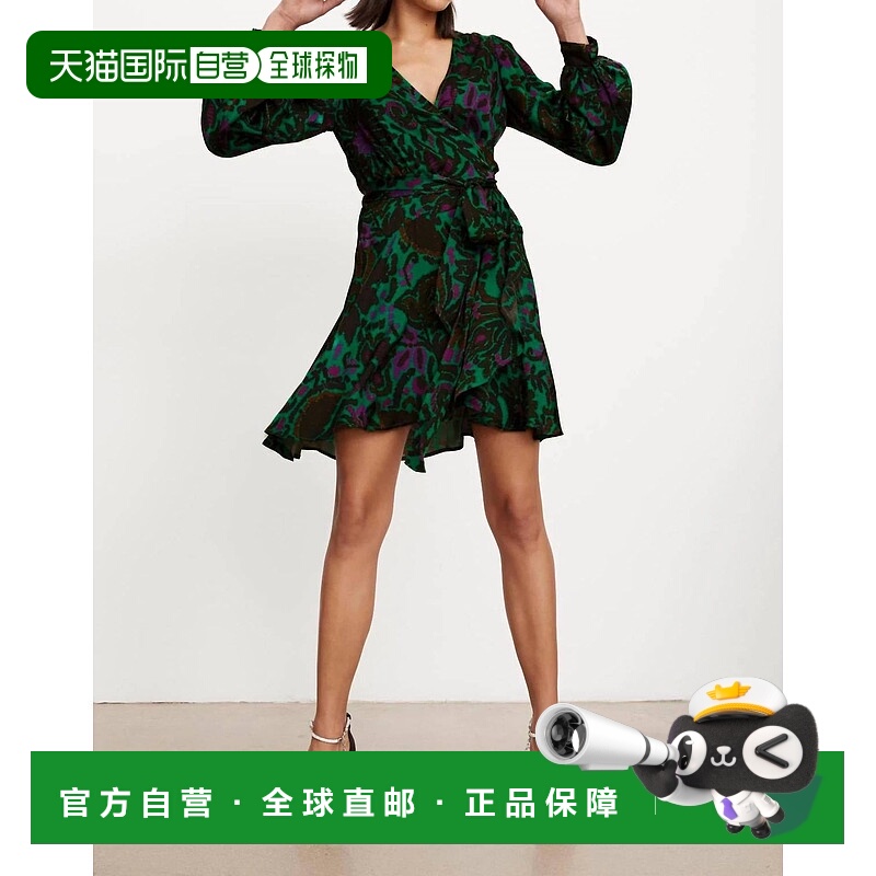 自营 velvet by graham & spencerBridget印花缎面裹身连衣裙，绿