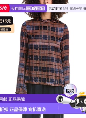 自营3.1 Phillip Lim heter格子Devore高领丝绸混纺上衣-蓝色 美