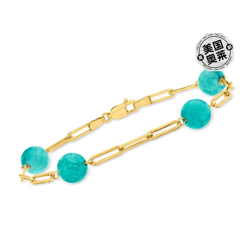 ross-simons 8 毫米绿松石珠回形针链环手链 18kt 金镀在纯银上