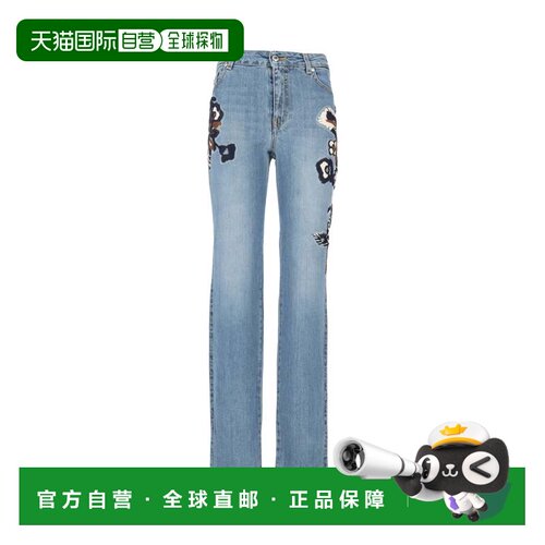 自营ermanno scervino浅蓝色牛仔牛仔裤与应用花卉贴花牛仔裤-蓝