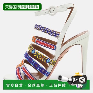 自营Aquazzura White Beads And Leather Strappy Ankle Strap Sa
