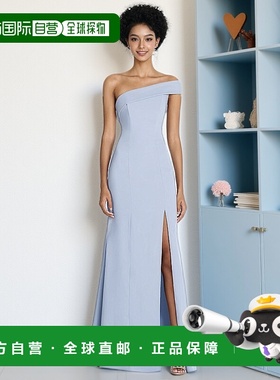 after six不对称露肩袖口喇叭形礼服，前开衩 - 天蓝色 【美国奥
