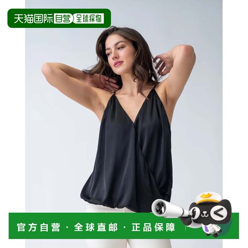 自营Adrienne Landau上衣女式黑色鸢尾花假围巾无袖V领FTS1333-黑