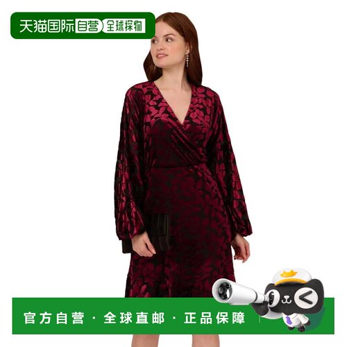 自营Adrianna Papell丝绒Burnout迷你连衣裙女酒红色v领GBO3040-