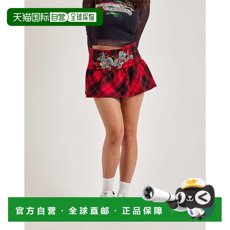 自营 ed hardy红色龙格子喇叭迷你裙 - 红色 美国奥莱直发半身裙