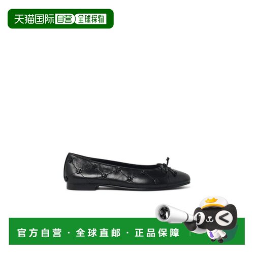 自营tory burch黑色皮革芭蕾平底，饰有装饰鞋带和绗缝刺绣-黑色
