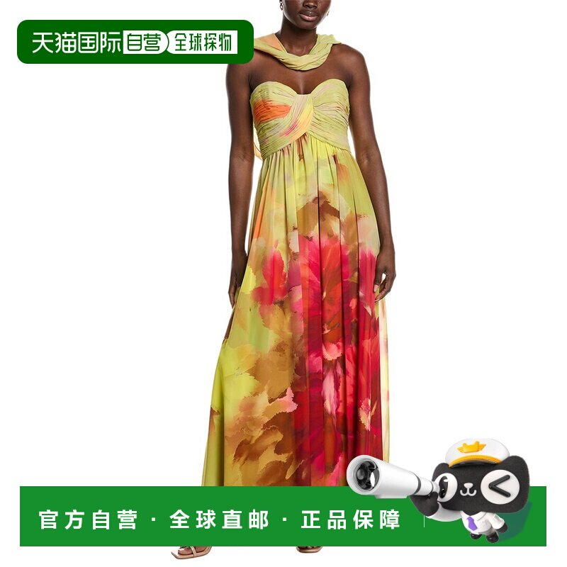 自营Badgley Mischka碎花围巾露肩礼服-粉红色 美国奥莱直发