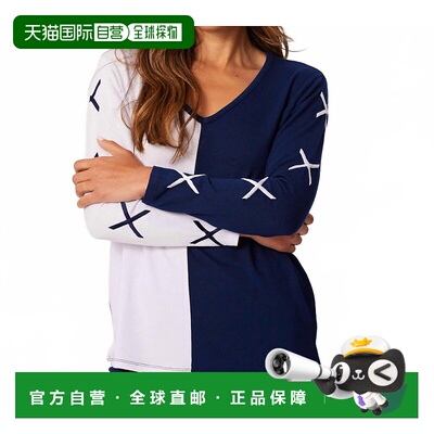 自营french kyssX Sleeve V-Neck Top In White/navy - white/nav