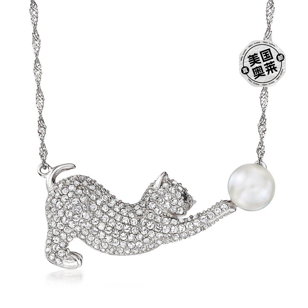 Ross-Simons 8 毫米养殖珍珠和白色托帕石猫项链 925 纯银黑色尖