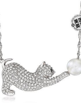 Ross-Simons 8 毫米养殖珍珠和白色托帕石猫项链 925 纯银黑色尖