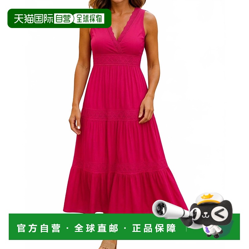 自营davi & daniLace Trip Ruffle V-Neck Maxi Dress In Hot Pin