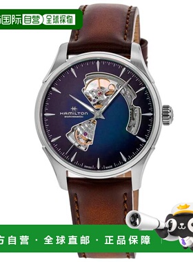 自营Hamilton Jazzmaster开放式心形自动蓝色表盘棕色皮革表带男H