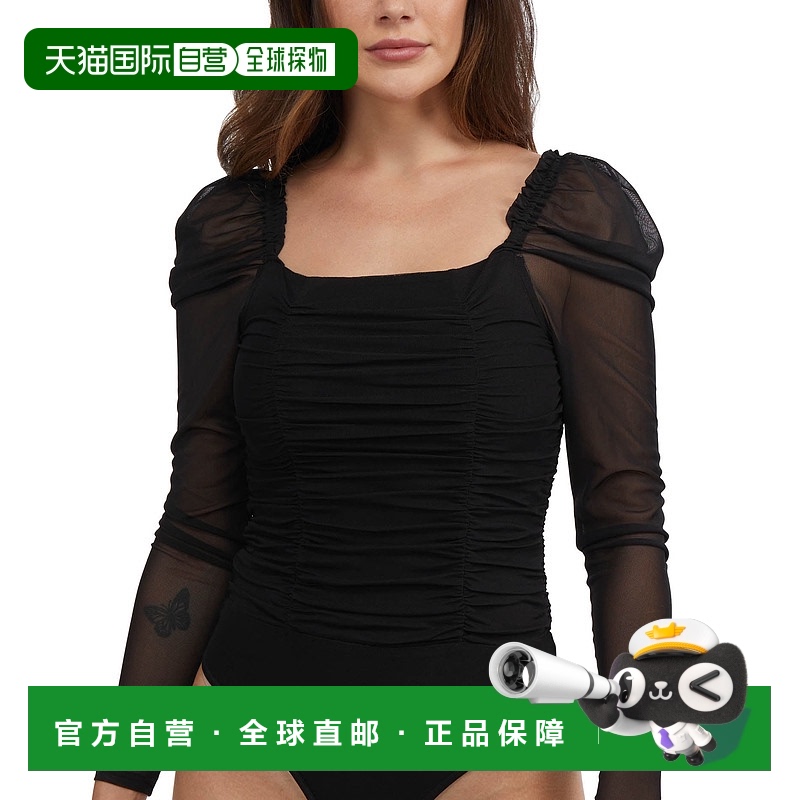 自营 Bebe 女士 Rushed 网眼泡泡袖紧身衣 - 黑色 美国奥莱直发