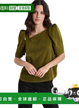 自营 DKNY女式橄榄绿缎面泡泡袖套头衫FTS1393-绿色 美国奥莱直发