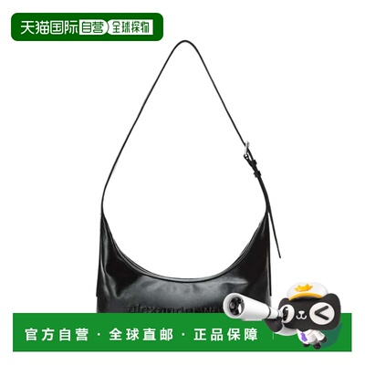 自营alexander wang黑色Punch斜挎吊带前徽标皮革肩包-黑色 美国