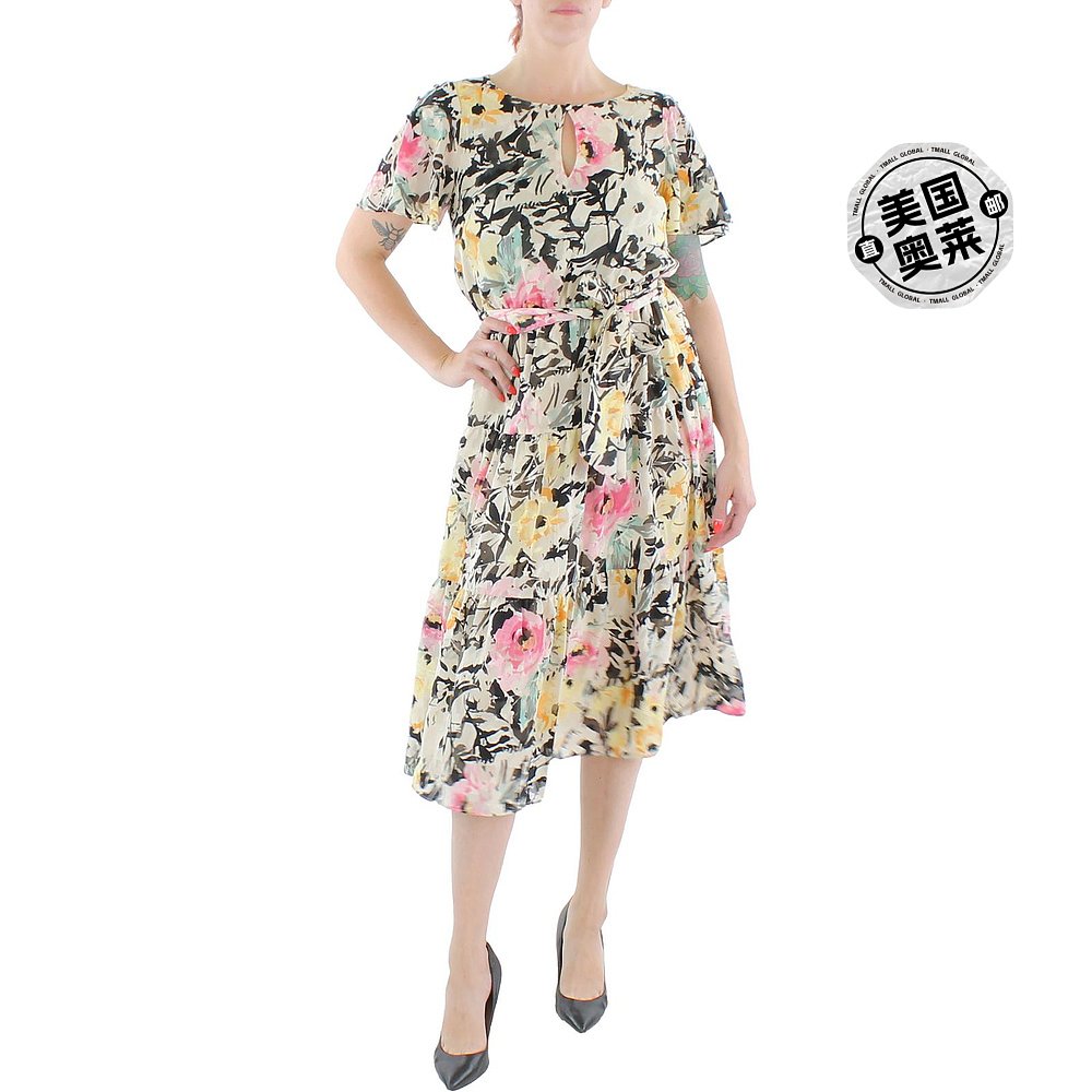 lauren ralph laurenWomens Floral Print Calf Midi Dress- whi-封面