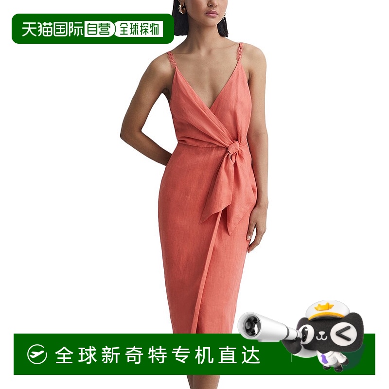 自营Reiss Esme亚麻领带边迷笛连衣裙-粉红色 【美国奥莱】直发