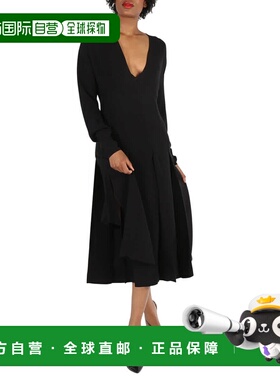 自营 Burberry女士黑色Emelia褶皱丝绸Cady Midi连衣裙-黑色 美国