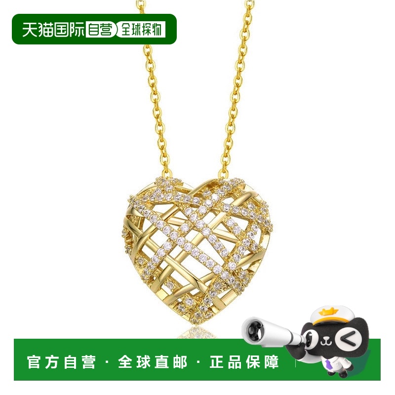 自营 genevive纯银 14k 黄金镀方晶锆石结丝带 3D 泡泡心形吊坠项