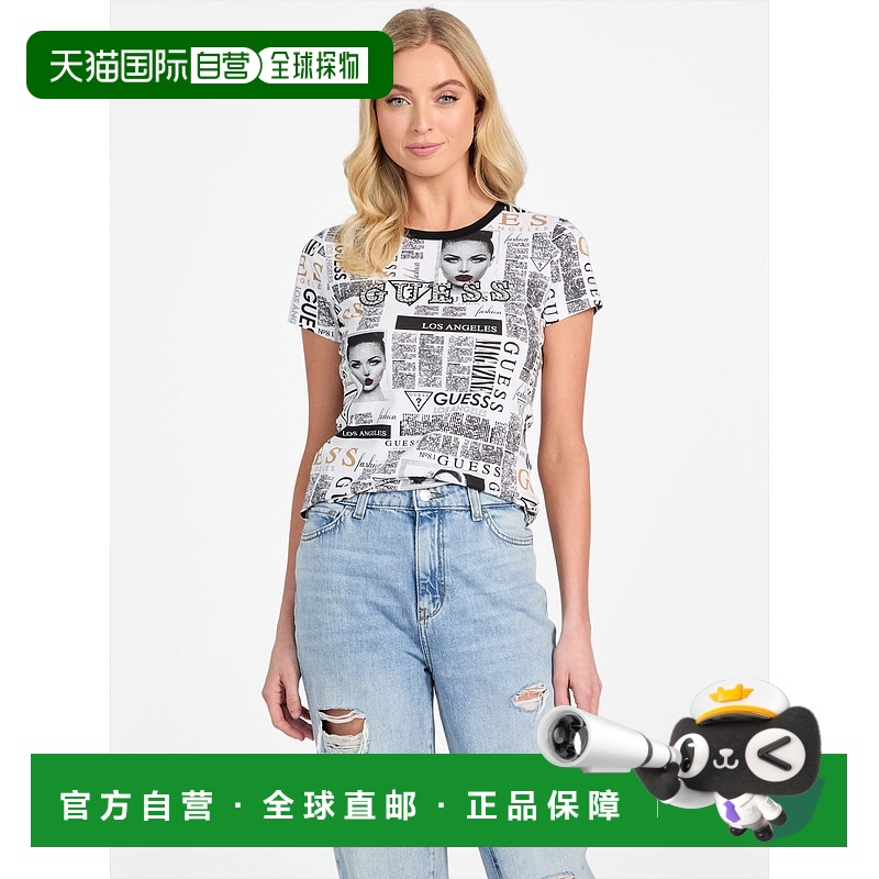 自营 guessJina 杂志印花 T 恤 - 纯白色 美国奥莱直发