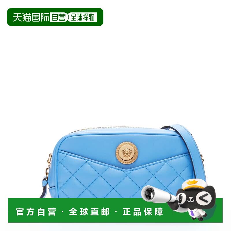 自营VERSACE蓝色羔羊皮皮革绗缝金色美杜莎链条斜挎包小号-蓝色
