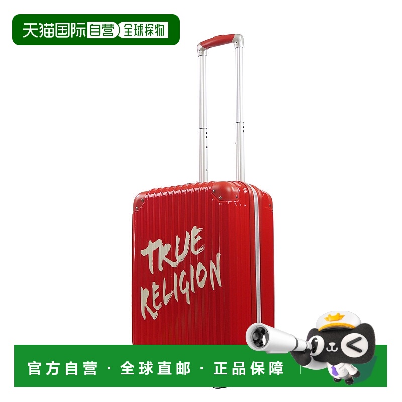 自营 True Religion 22.5 英寸硬壳红色随身行李箱，带大标志。-