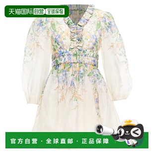 美国奥莱直 粉红色 自营 Zimmermann花园花卉亚麻补丁腰带连衣裙