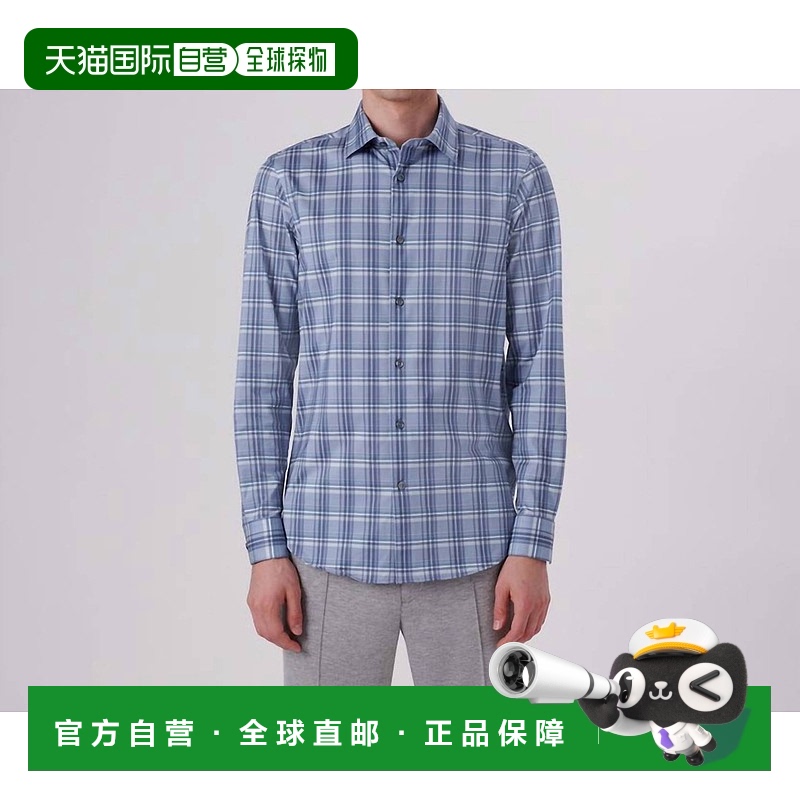 自营 bugatchi uomoJames格子印花黄棉衬衫，空气蓝-空气蓝 美国