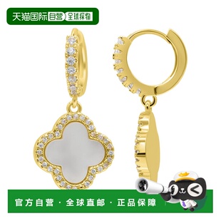 自营 adornia14K 镀金水晶光环白色珍珠母贝三叶草吊坠耳环 -​​
