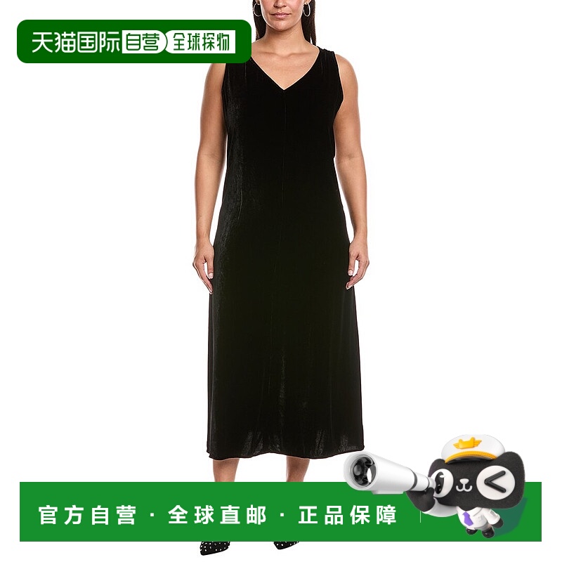 自营 EILEEN FISHER Plus V领丝绸混纺迷笛连衣裙-黑色 美国奥莱
