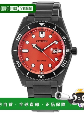 自营 Citizen Eco Drive橙色表盘黑色PVD不锈钢男士手表AW1765-88