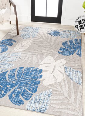 jonathan y 龟背竹热带叶高低室内/室外浅灰色/海军区域地毯 - 浅