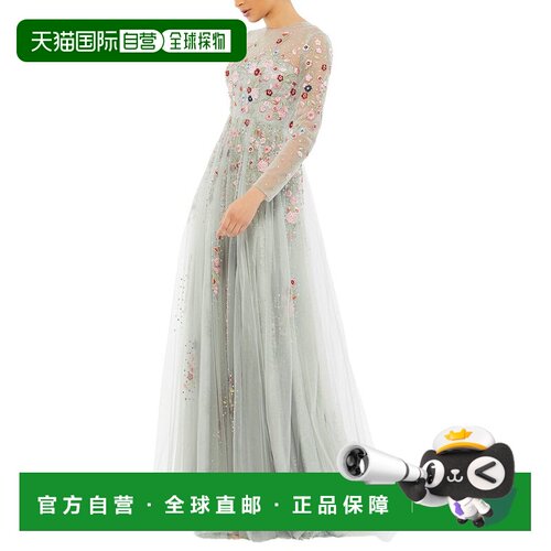自营Mac Duggal刺绣幻影高领A字型礼服-灰色连衣裙 美国奥莱直发
